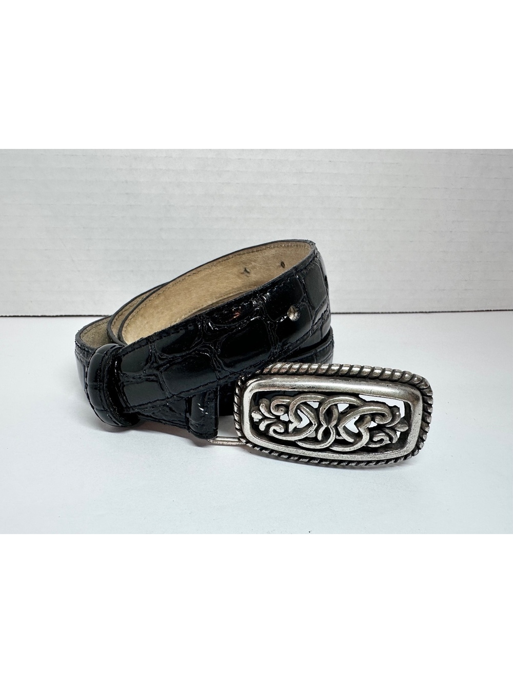 Vintage Black Croc-Embossed Leather Belt Statement Silver Buckle